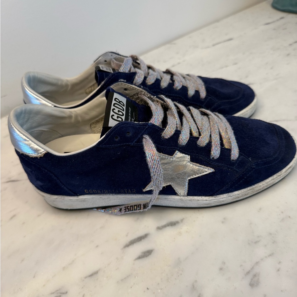 Golden Goose Ballstars Size 42 Blue Suede Sneakers with Silver Metallic Star EUC